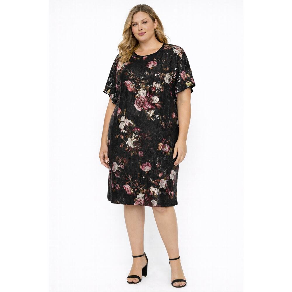 London Times Woman Black Floral Sequin Knee Length Dress Size 22W NWT